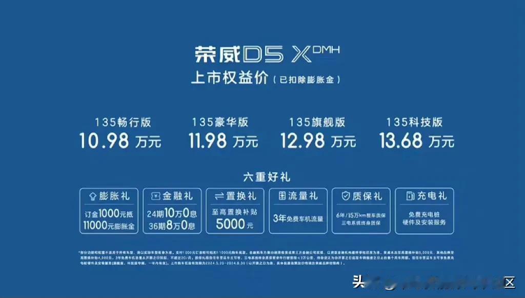 荣威D5X DMH终于正式上市了[思考]售价10.98万-13.68万元，比之前