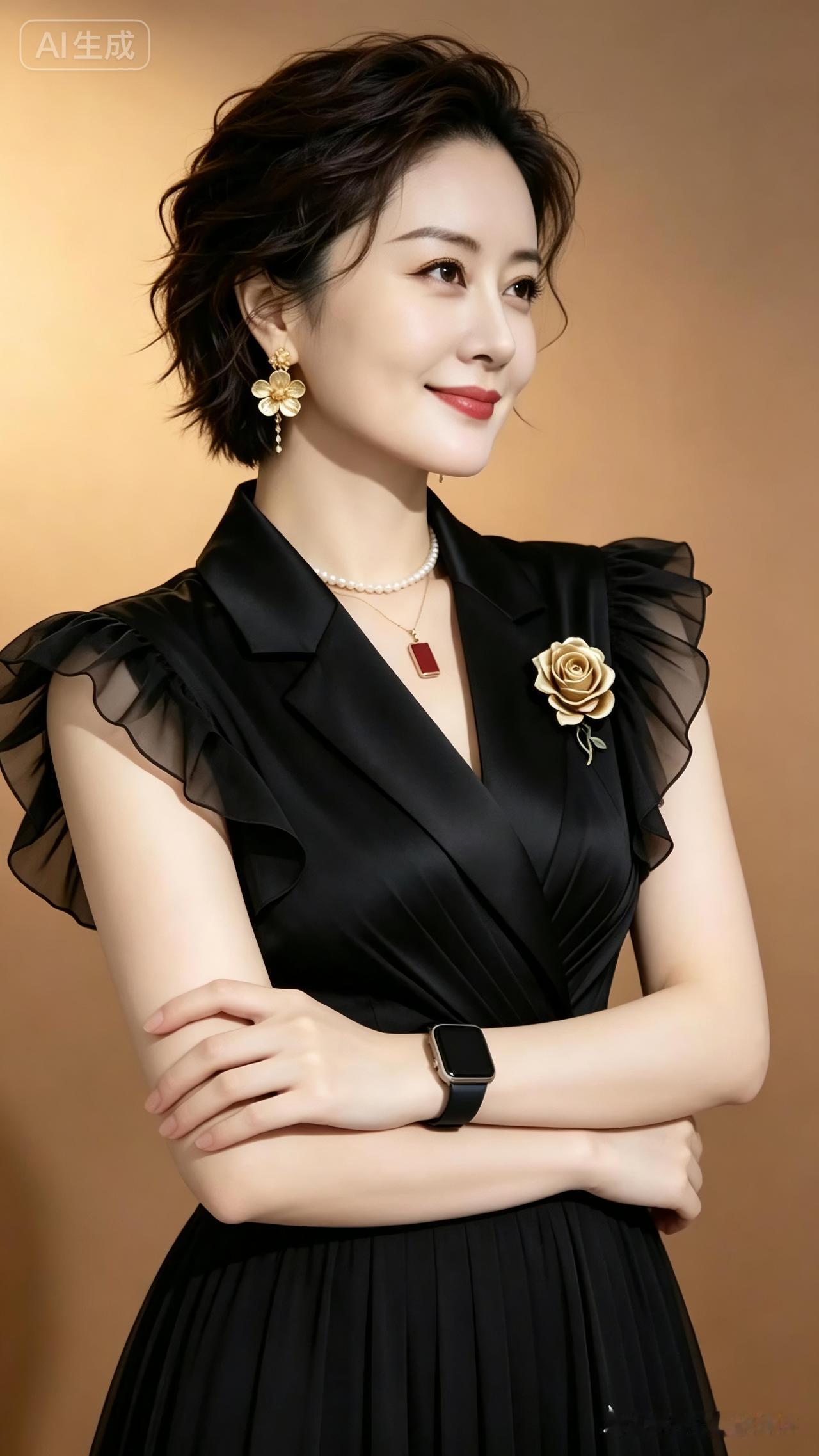 一位气质出众的亚洲中年女性半身肖像，侧身微转，目光望向右前方，神情自信从容，嘴角