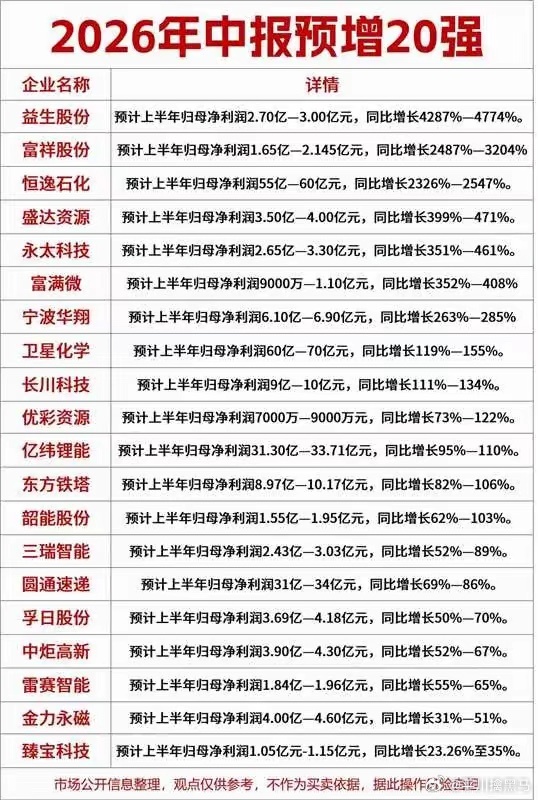 2026中报预增20强的个股A股