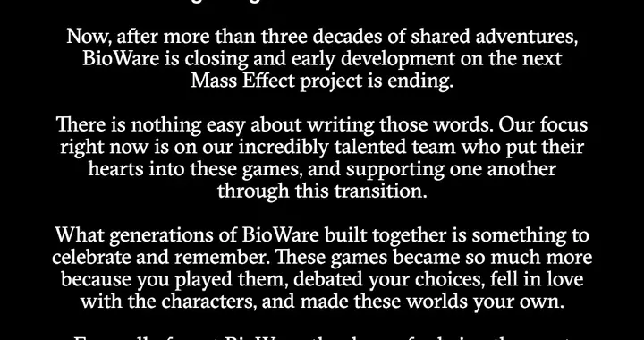 EA关闭BioWare工作室，《质量效应》新作开发取消