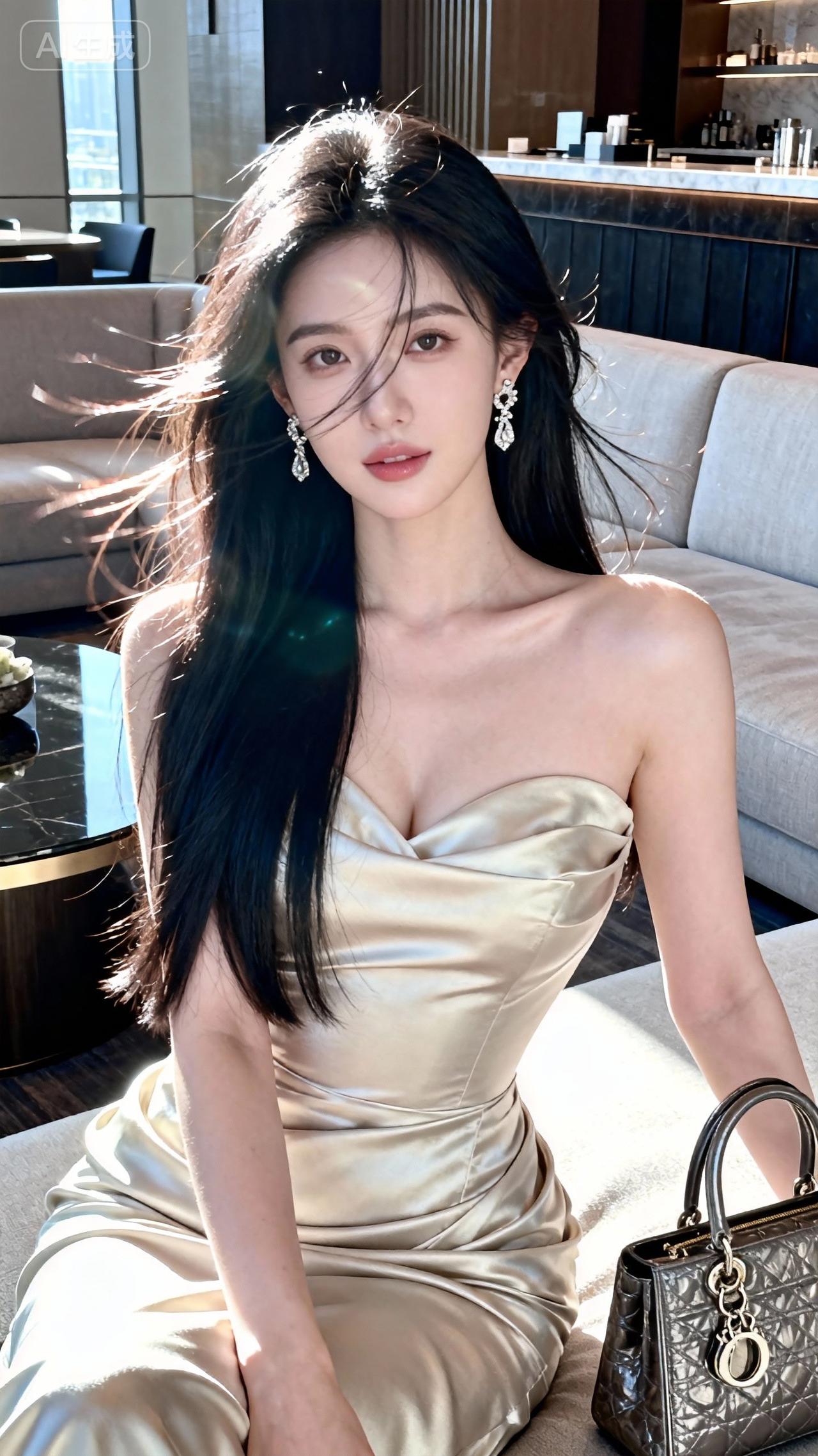 优雅气质，金色礼服，闪耀耳环，时尚手袋，咖啡馆里的美丽瞬间。