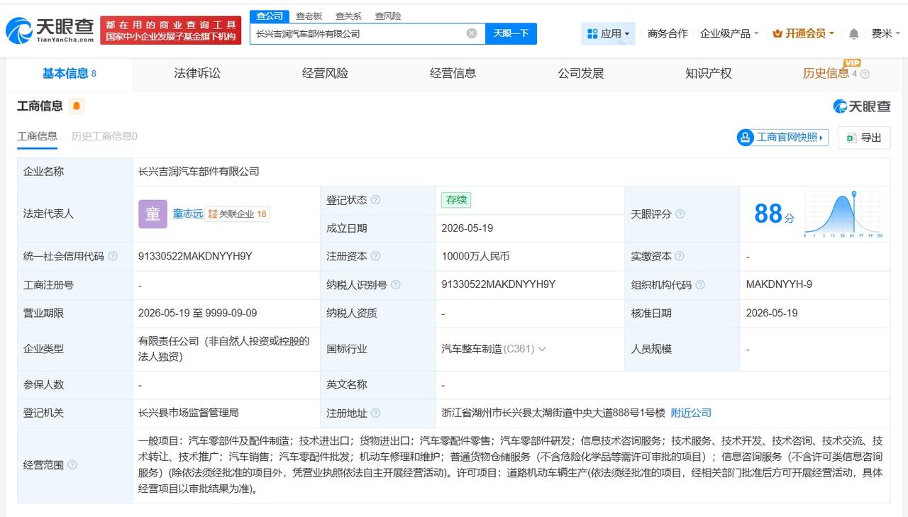 吉利汽车在湖州成立新汽车部件有限公司 注册资本1亿

天眼查App显示，近日，长
