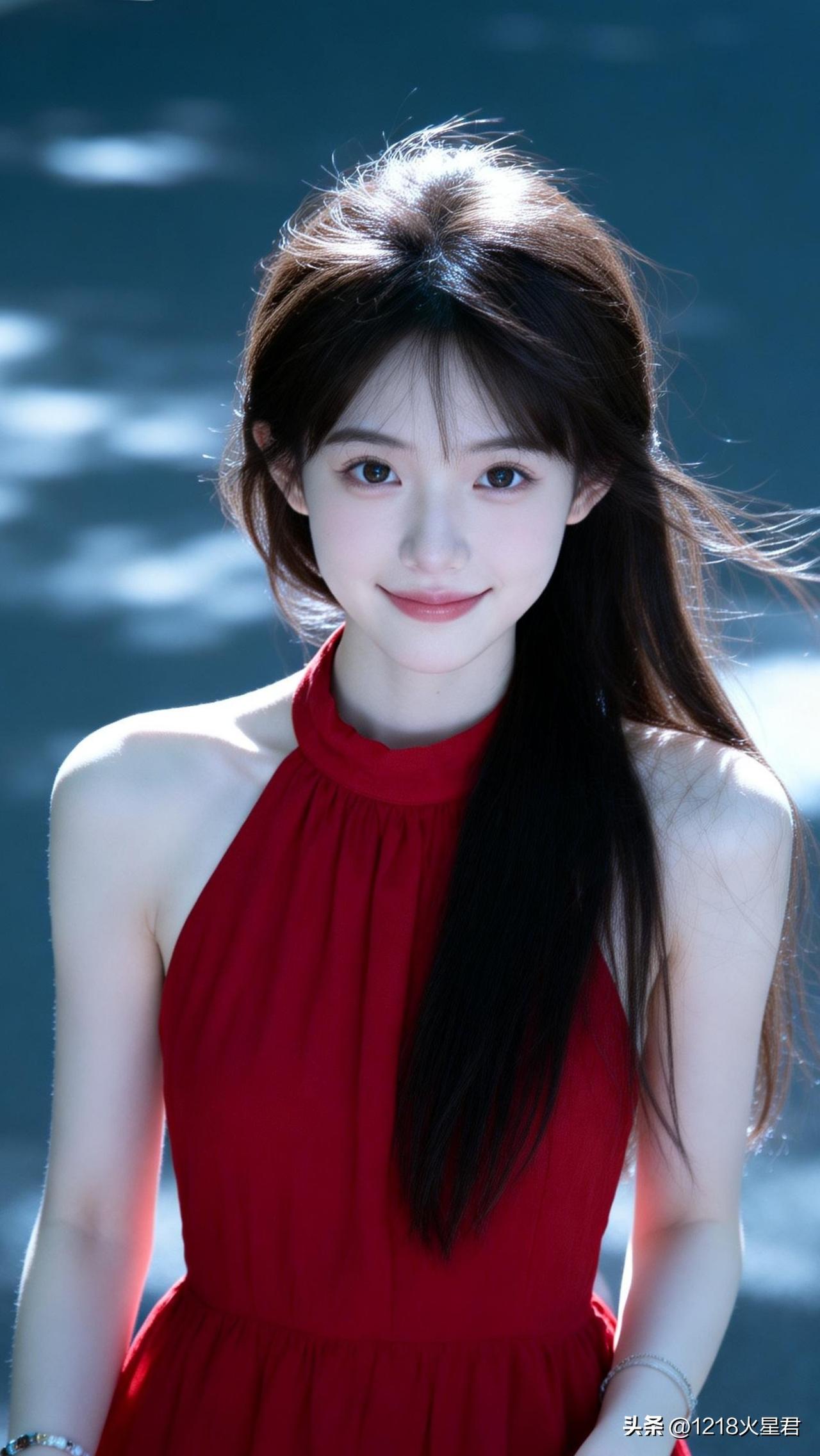 甜美少女，红裙飘逸，阳光下的动人微笑🌞✨美少女的微笑 红衣少女自拍