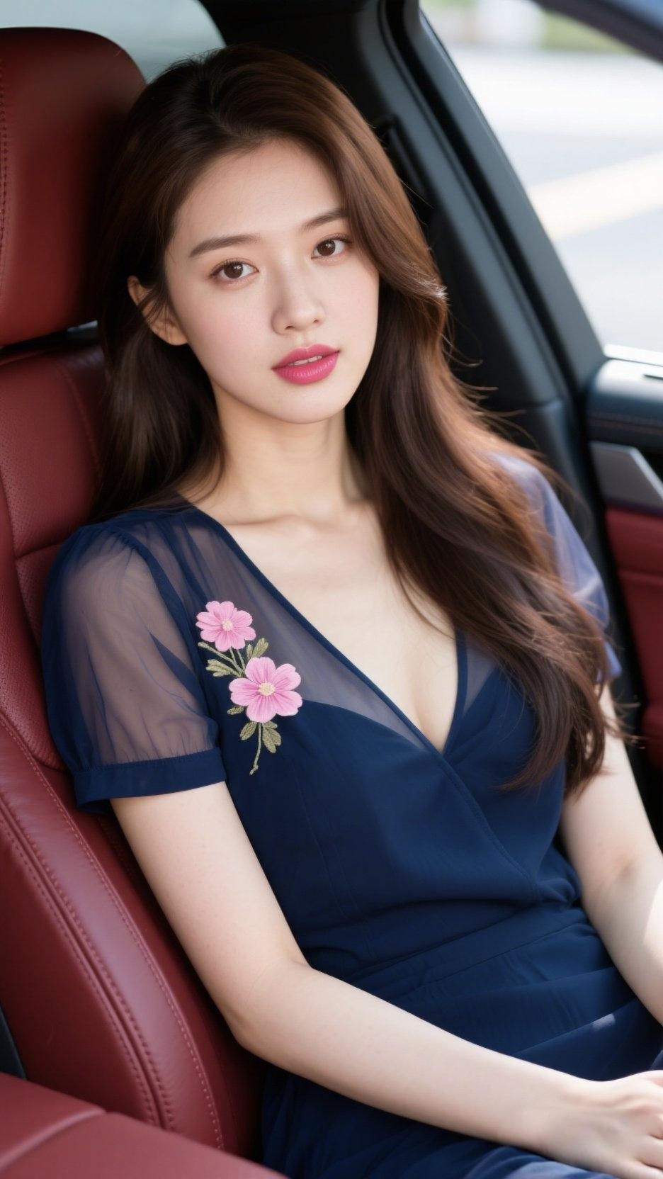 上联：红椅香车，一袭深蓝凝雅韵
下联：柔丝花绣，半眸清俏动人心