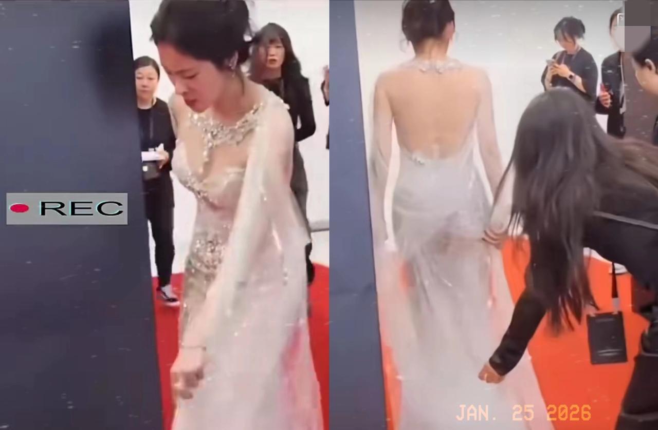 红毯上，张碧晨的裙子突然挂住，她死死定在原地，动弹不得。
聚光灯下，上百双眼睛盯