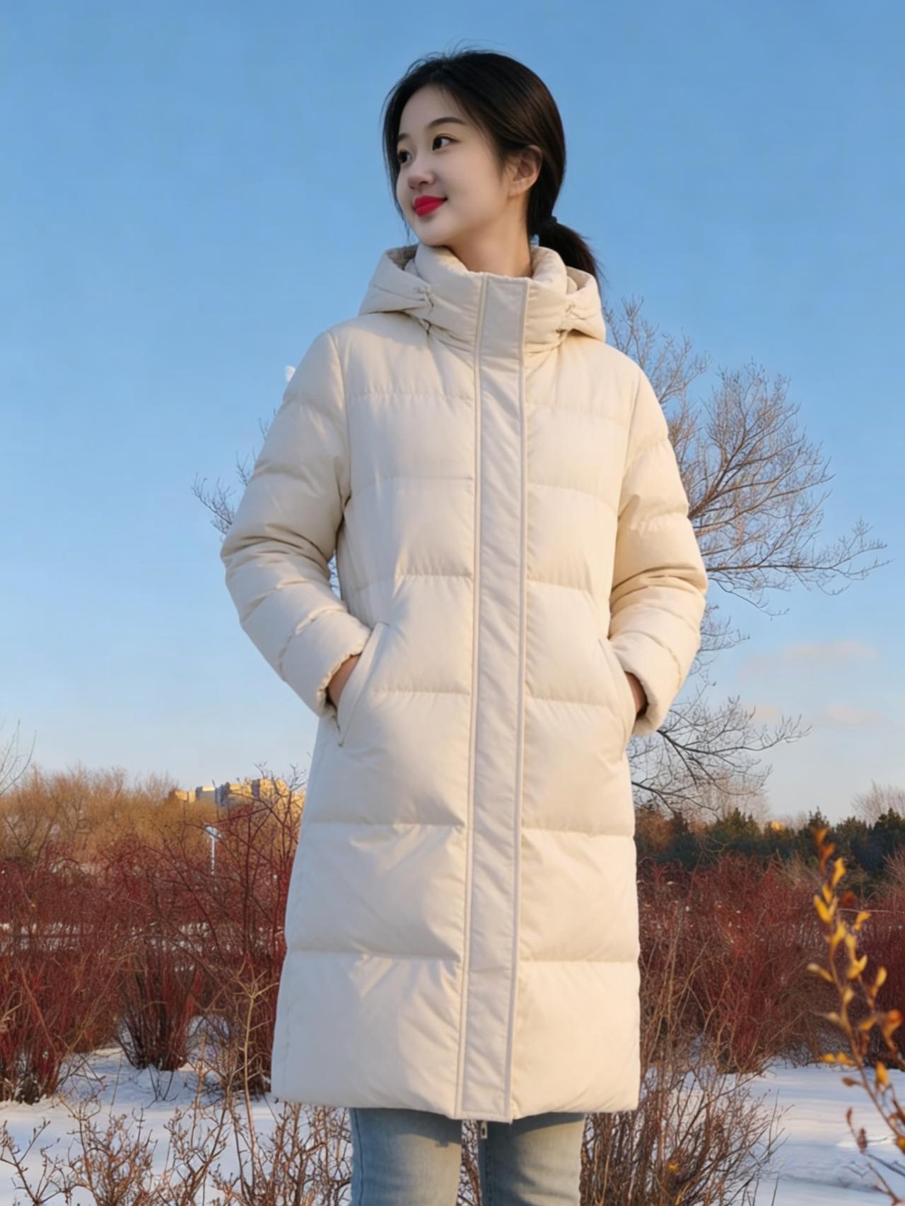 雪覆郊原晓日明，素裘紧裹树边行。
青丝软系凝寒玉，绛唇微启绽春英。
远树槎枒伏冻