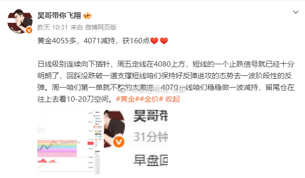 周一战绩公布黄金4055多，4071减持，获160点黄金4052多，4059出局
