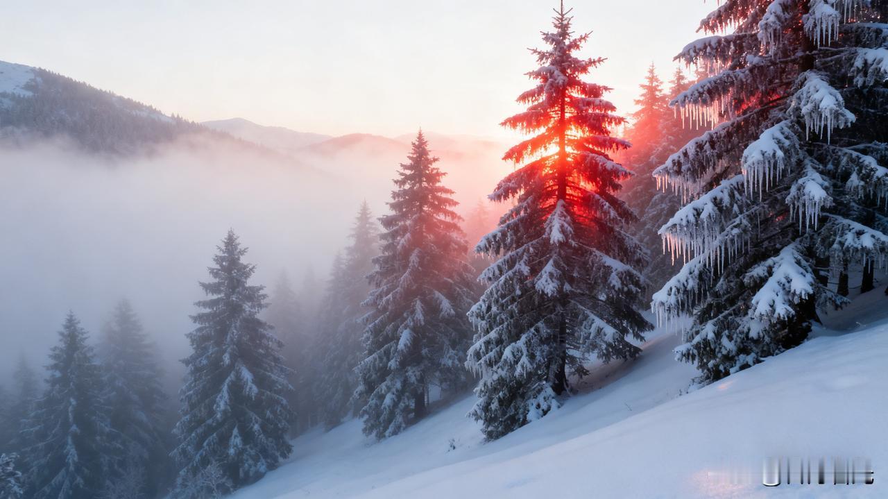 雪松
 
冬天的早晨，走出家门，望见松林，晨雾裹着雪意漫上山坡时，松枝已被厚雪压