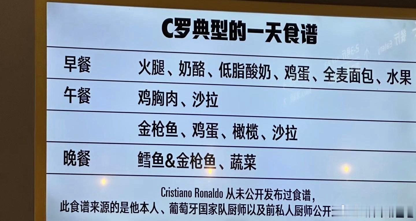 C罗典型的食谱。真·不疯魔不成活。普通人饮食，绝大多数人，会把吃东西当做一种乐趣