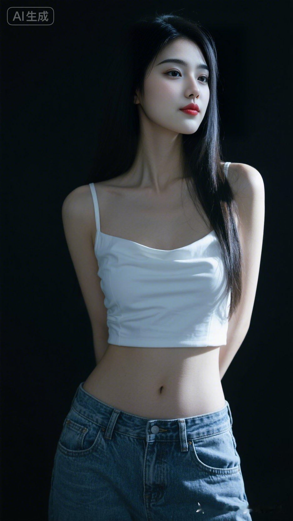 优雅白裙少女，黑背景下的清新之美