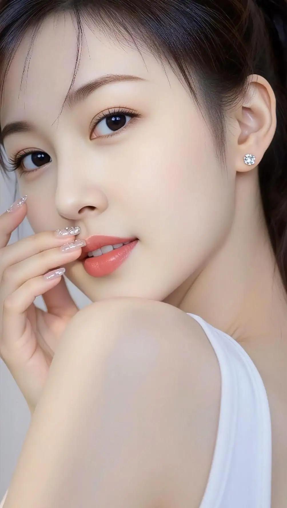 温柔甜美的少女，轻咬手指，闪闪发光的耳环，清新自然。