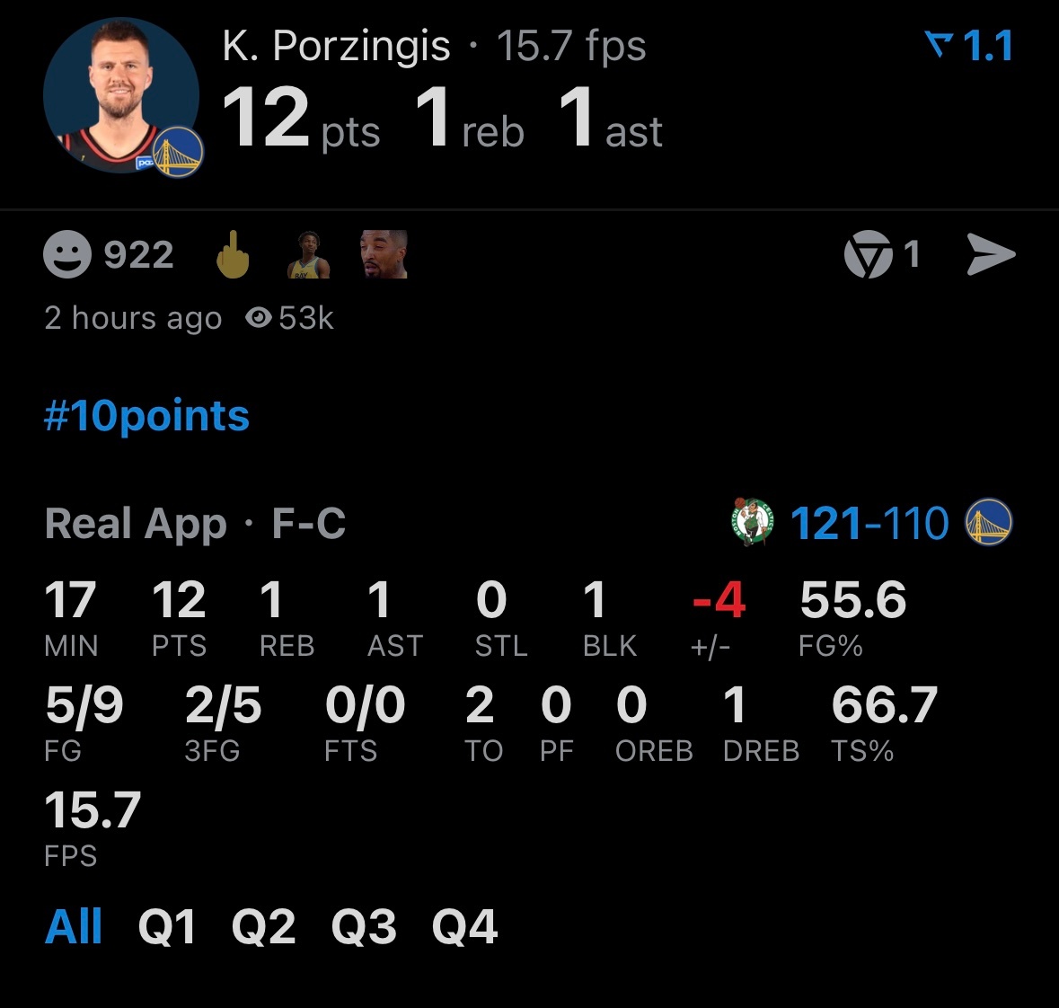 国外勇士博主之前认为波津有文班90%的水平，今日首秀拿下12分1板1助攻。 