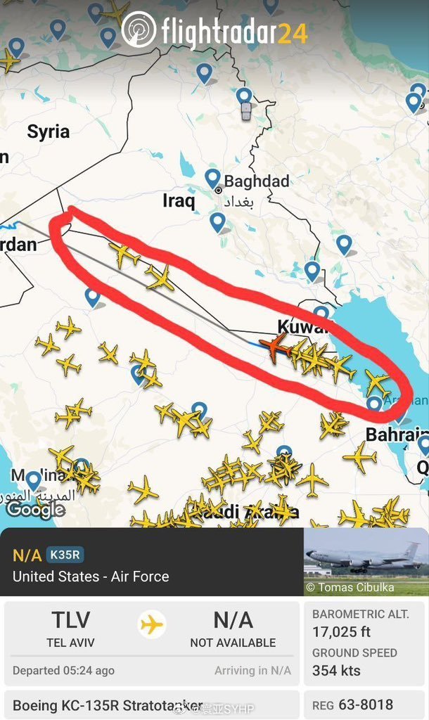 美军空中加油机避开伊拉克空域。如果美军的KC-135加油机确实是因“发生意外”而