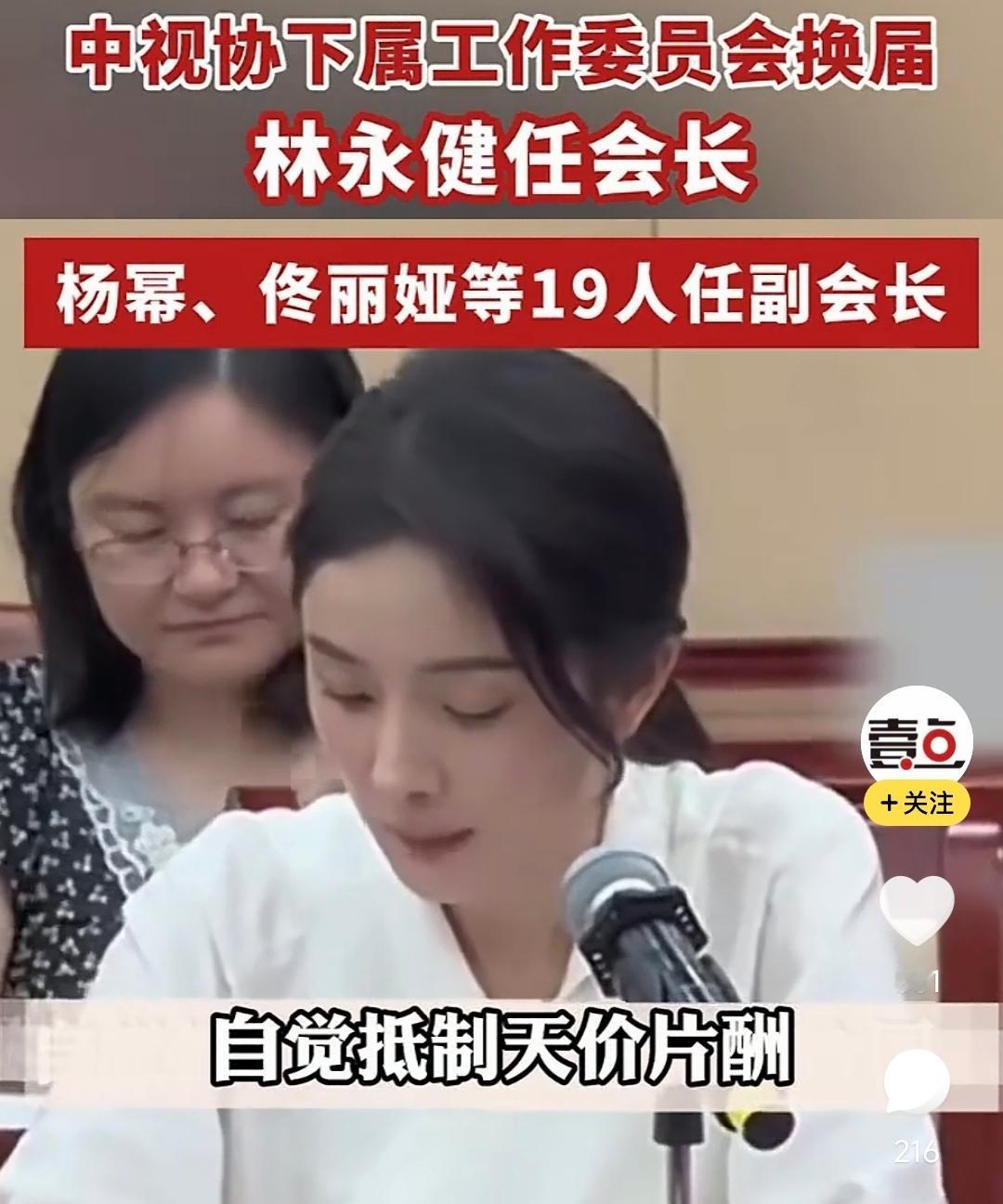近日，中国视协新文艺组织和新文艺群体工作委员会完成换届，林永健出任会长，杨幂、佟