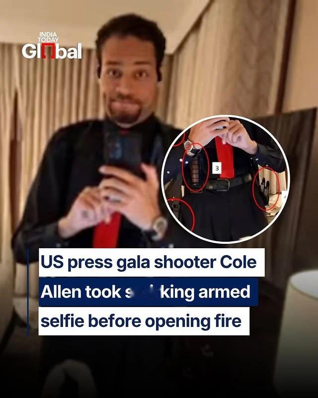 嫌疑人科尔·艾伦在试图闯入白宫记者晚宴前几分钟，持枪自拍了一张面带微笑的照片。是