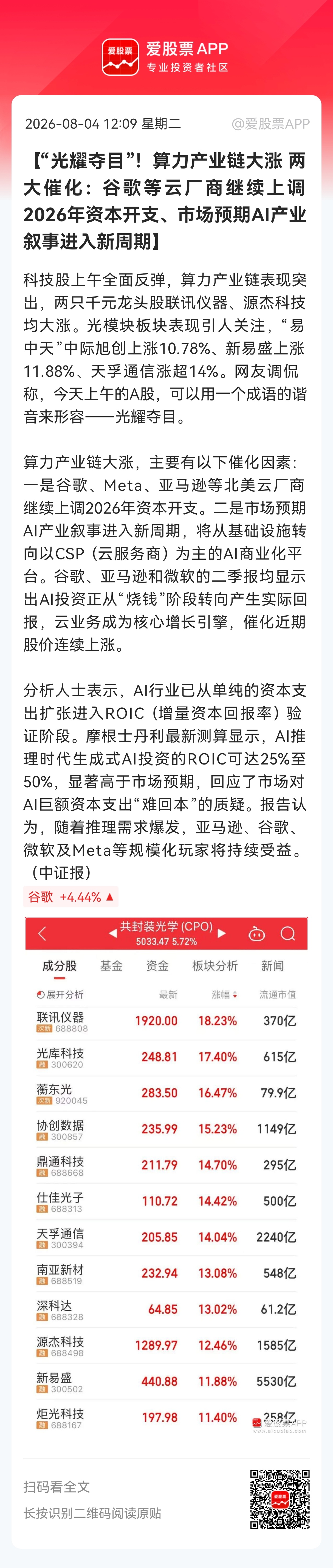 【“光耀夺目”！算力产业链大涨 两大催化：谷歌等云厂商继续上调2026年资本开支