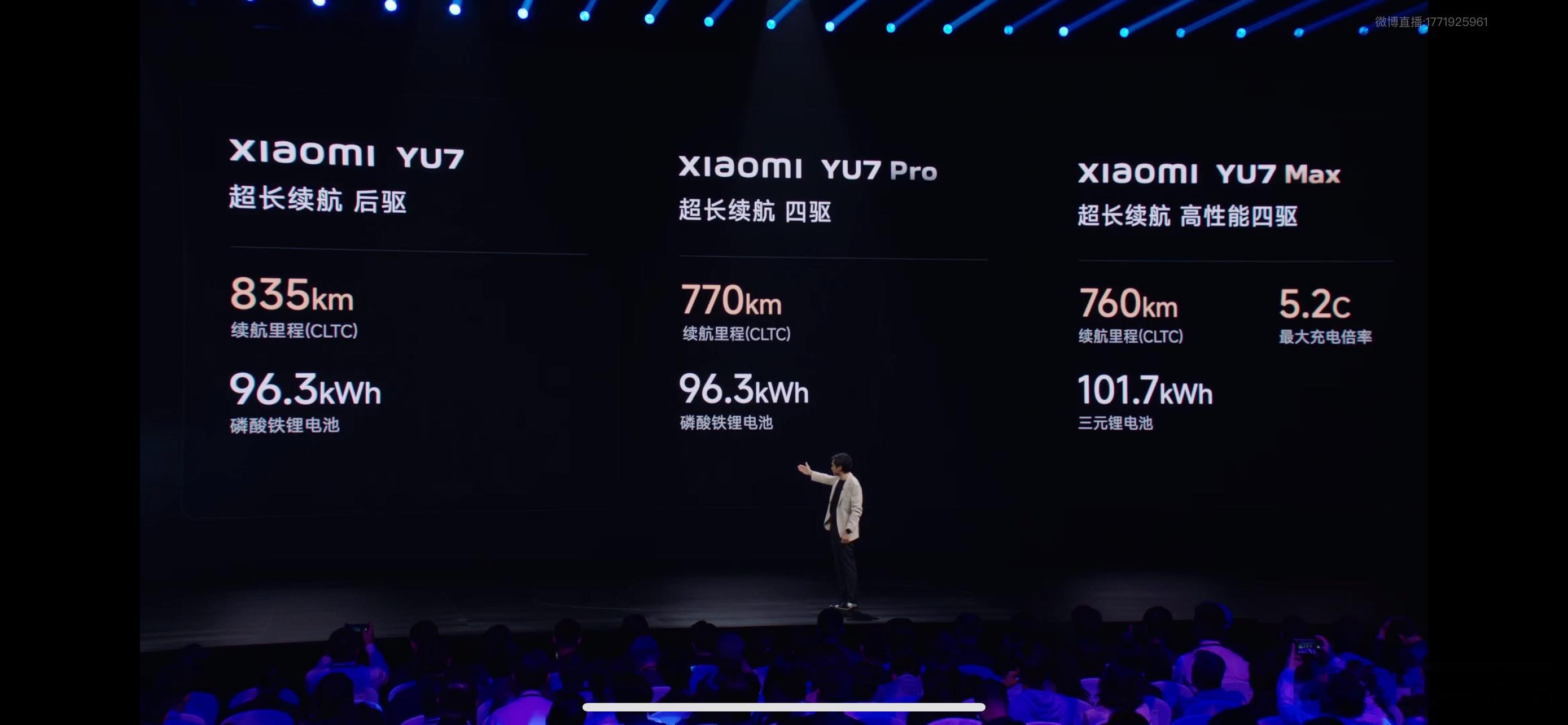 小米YU7续航信息入门是单电机，续航最长835kmPro 770km也不错Max