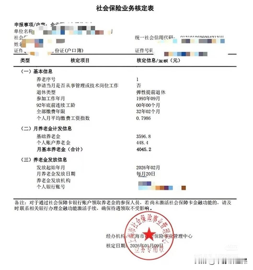 上海养老金！
日子过得真快呀，进入2026年1月份，2026年退休人员的核定表已