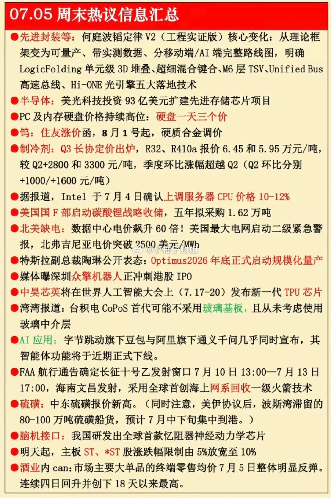 7.5周日  周末市场热议方向+财经消息汇总！1.先进封装，韬定律2.PC机及硬