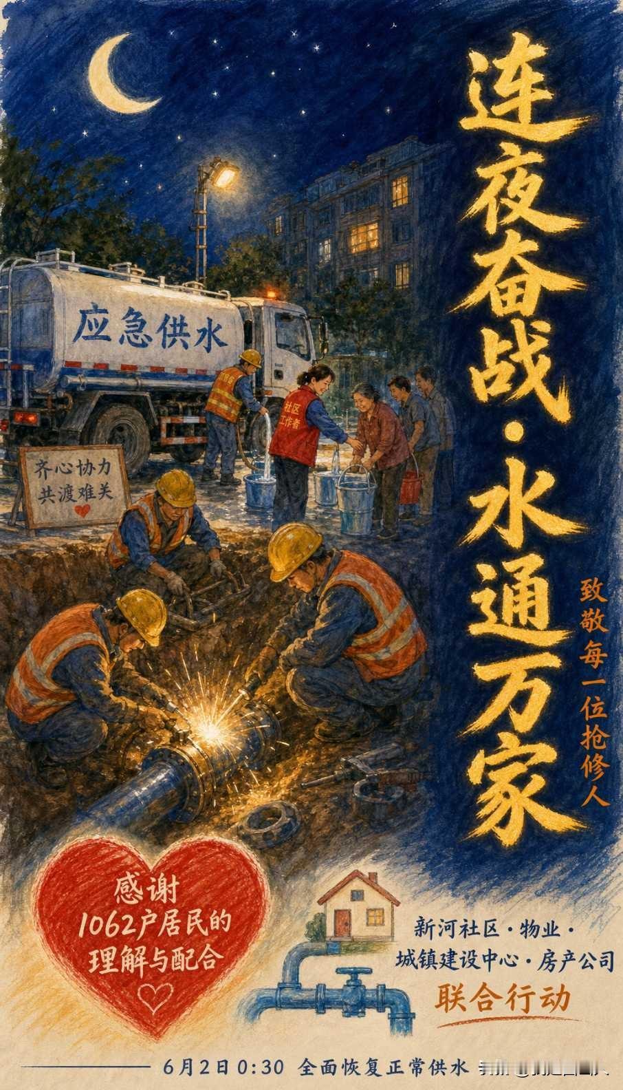 新河湾三期阅西湖小区大面积停水，1062户受影响！多方连夜抢修已全面恢复
   