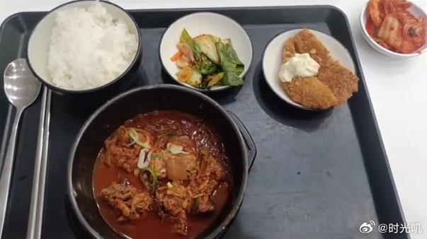 韩国大学食堂全肉午餐都有什么 26块钱=5块鸡肉炖粉条+2条鸡排还有2盘咸菜和1