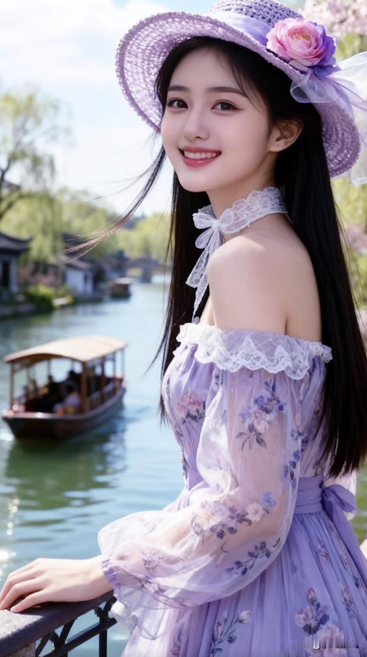 紫衣少女倚栏杆，笑语盈盈水边行。紫裙倚坐 紫裙少女 紫衣少女写真 紫裙少女 紫衣