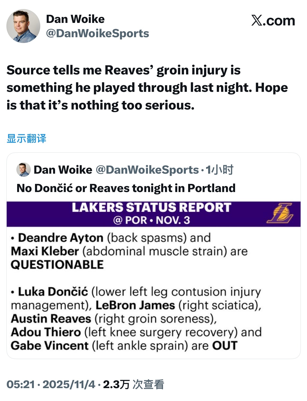 湖记Dan Woike：里夫斯昨天带着腹股沟酸痛打完了与热火的比赛，希望不会太严