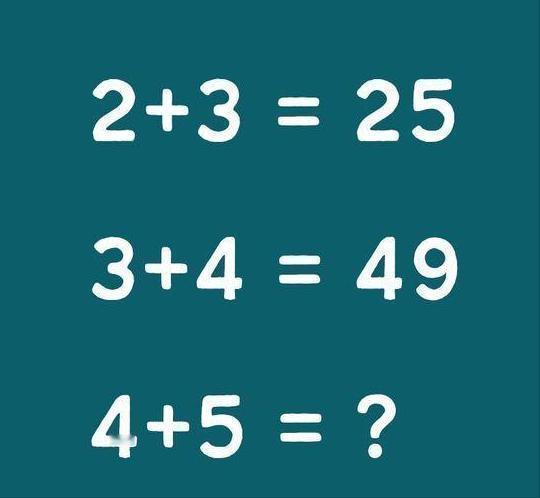 观察这组奇妙的等式：2 + 3 = 25 、3 + 4 = 49 ，常规加法运算