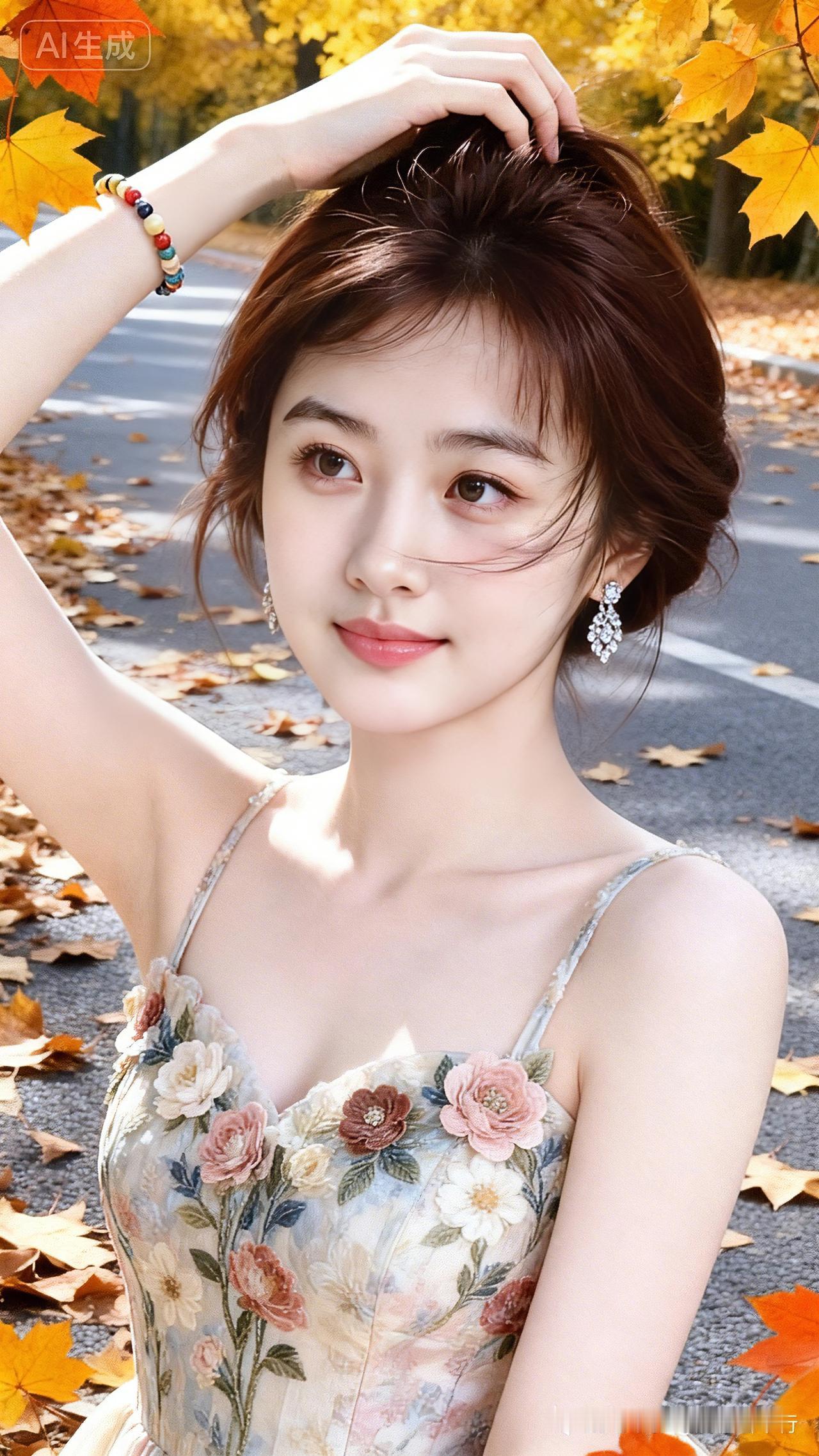 秋径芳颜
金枫漫洒落秋光，
俏立林间韵自扬。
鬓发轻随风影晃，
花裙朵朵溢清香。