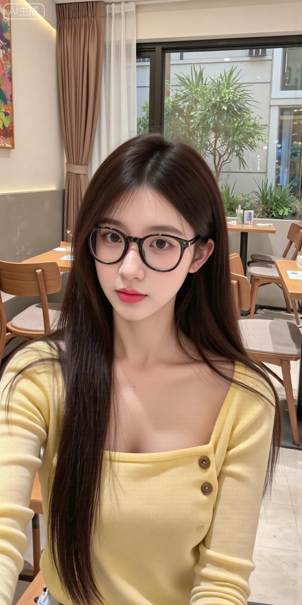 侧颜温柔，黑框眼镜下藏着知性的光。身着鹅黄上衣，在餐厅窗边定格时光。无需刻意摆拍