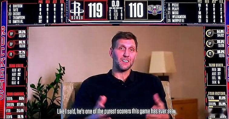 诺维茨基祝贺杜兰特 杜兰特生涯总得分超越诺维茨基，升至NBA历史第六位！赛后，现