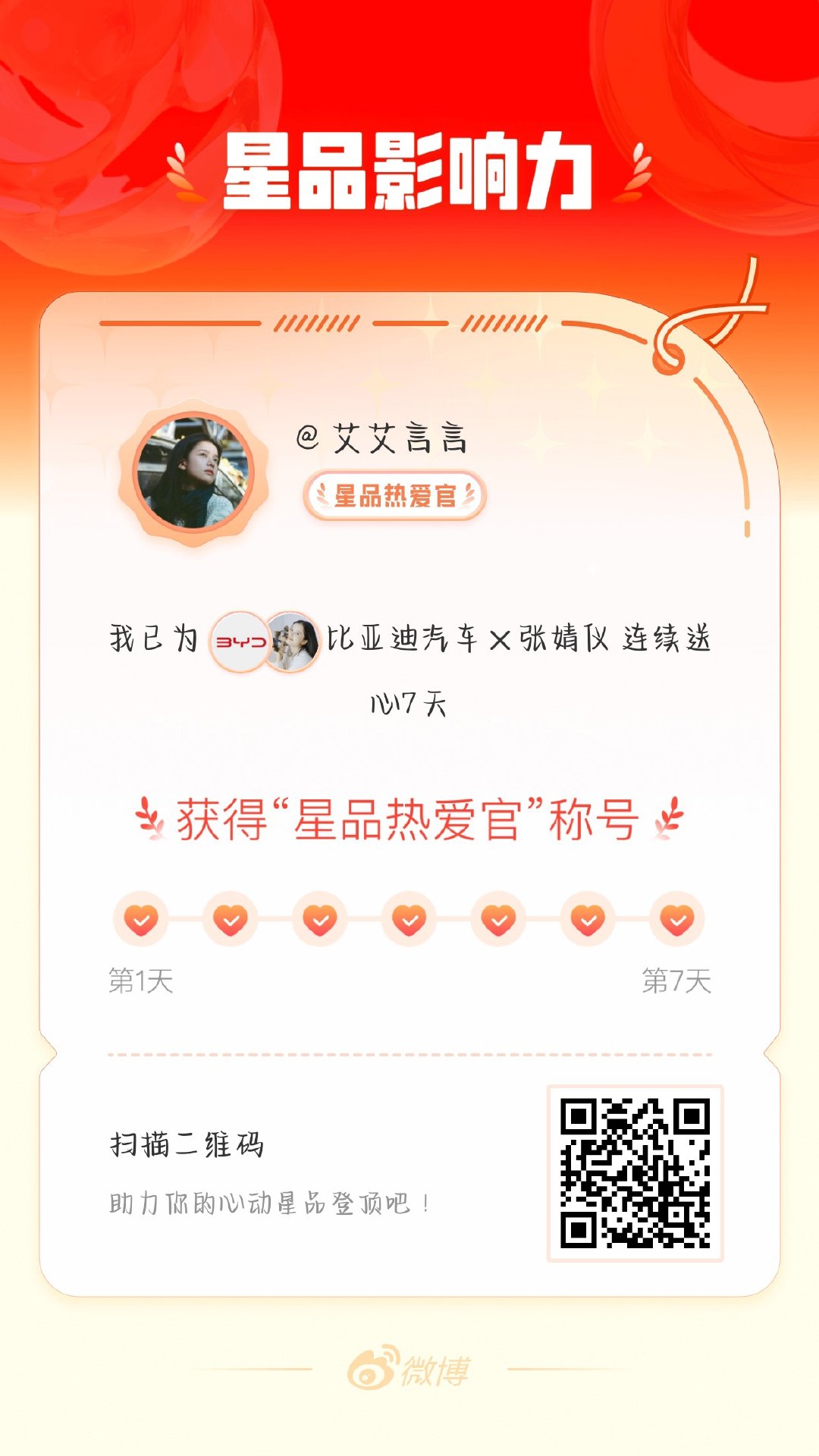 我在星品影响力上为 X 连续送心7天，获得“星品热爱官”称号！快来一起pick你