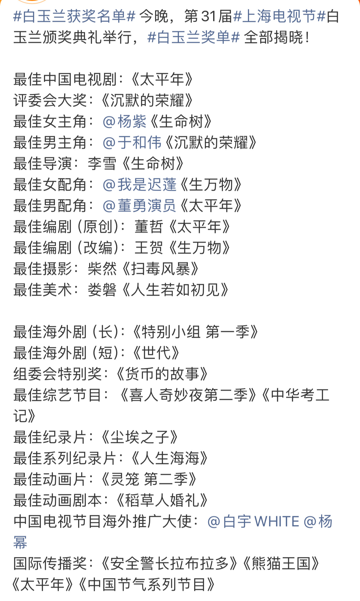 白玉兰获奖名单才发现，去年有部被吹得很高，自吹全球最瀑的一部剧怎么是0。被自家粉