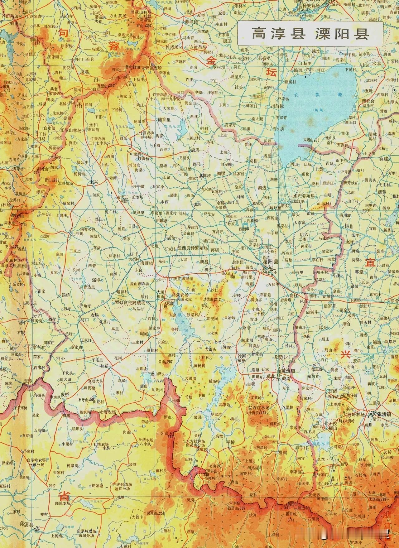 1978年江苏省溧阳县分公社地图。溧阳县当时属于镇江地区。溧阳三面环山，只有东北