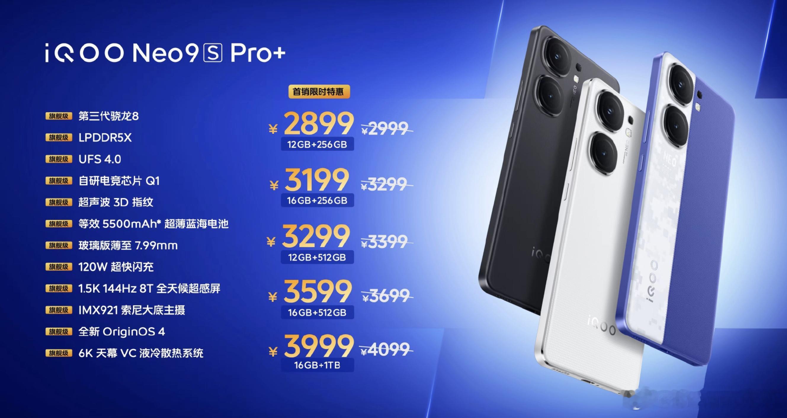 iQOO Neo9s Pro+ 2899起售。厚度没变，重量几乎没变，电池大了4