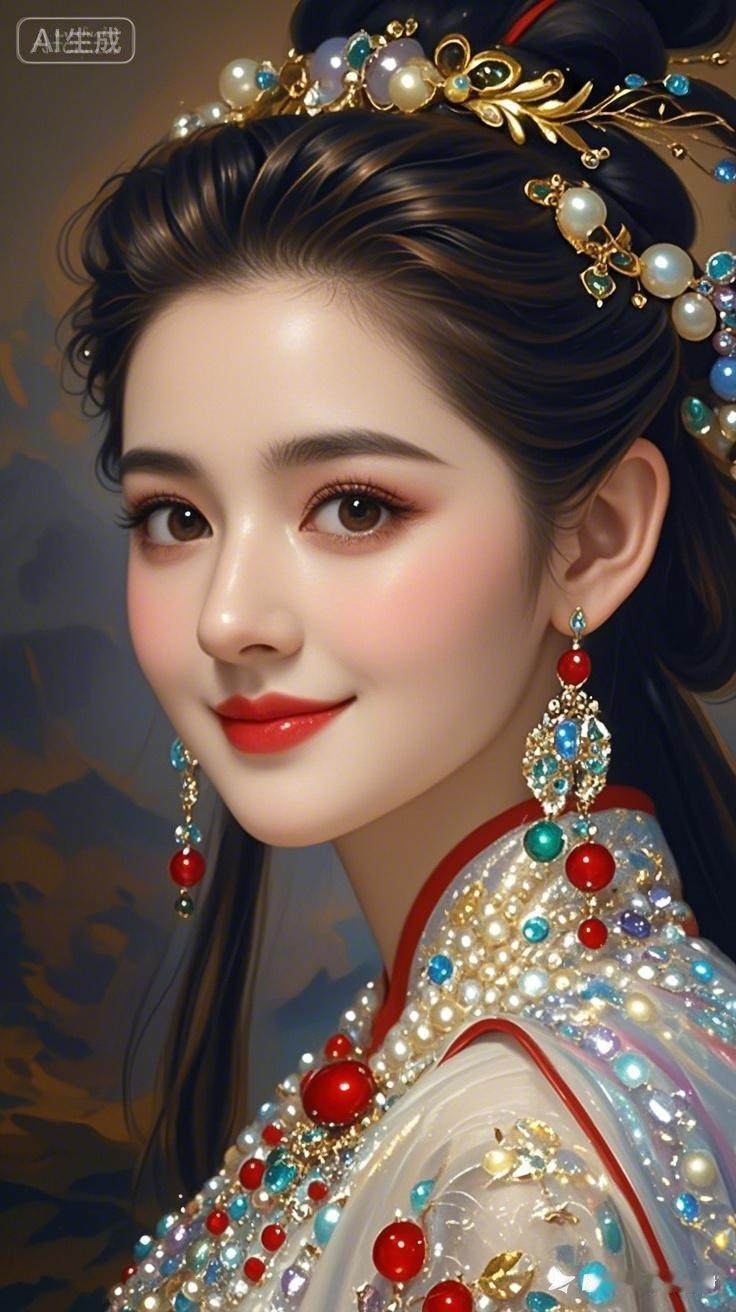 惊艳的古典美人，头戴珠光宝气，唇红如火，宛如画中仙子。