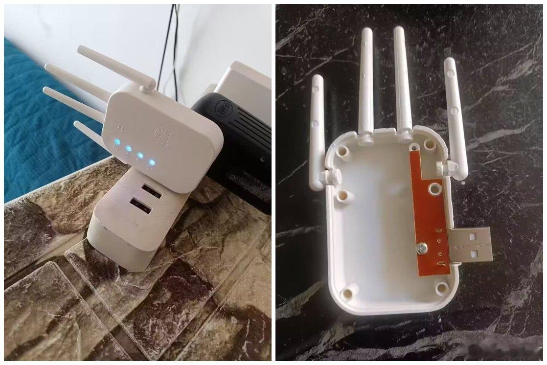 网友在Temu上买的WiFi信号放大器，主要的元器件就是四个小灯。四根看上去像天