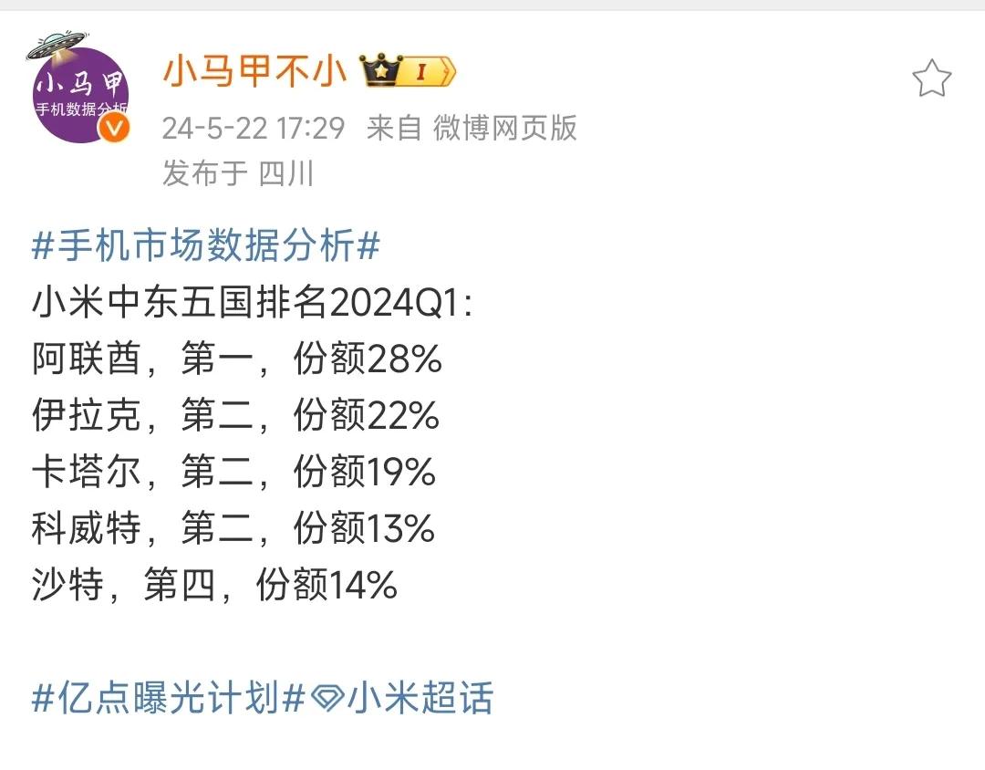 2024年Q1，中东五国，小米小米手机份额排名：

阿联酋，小米市场份额第一，份
