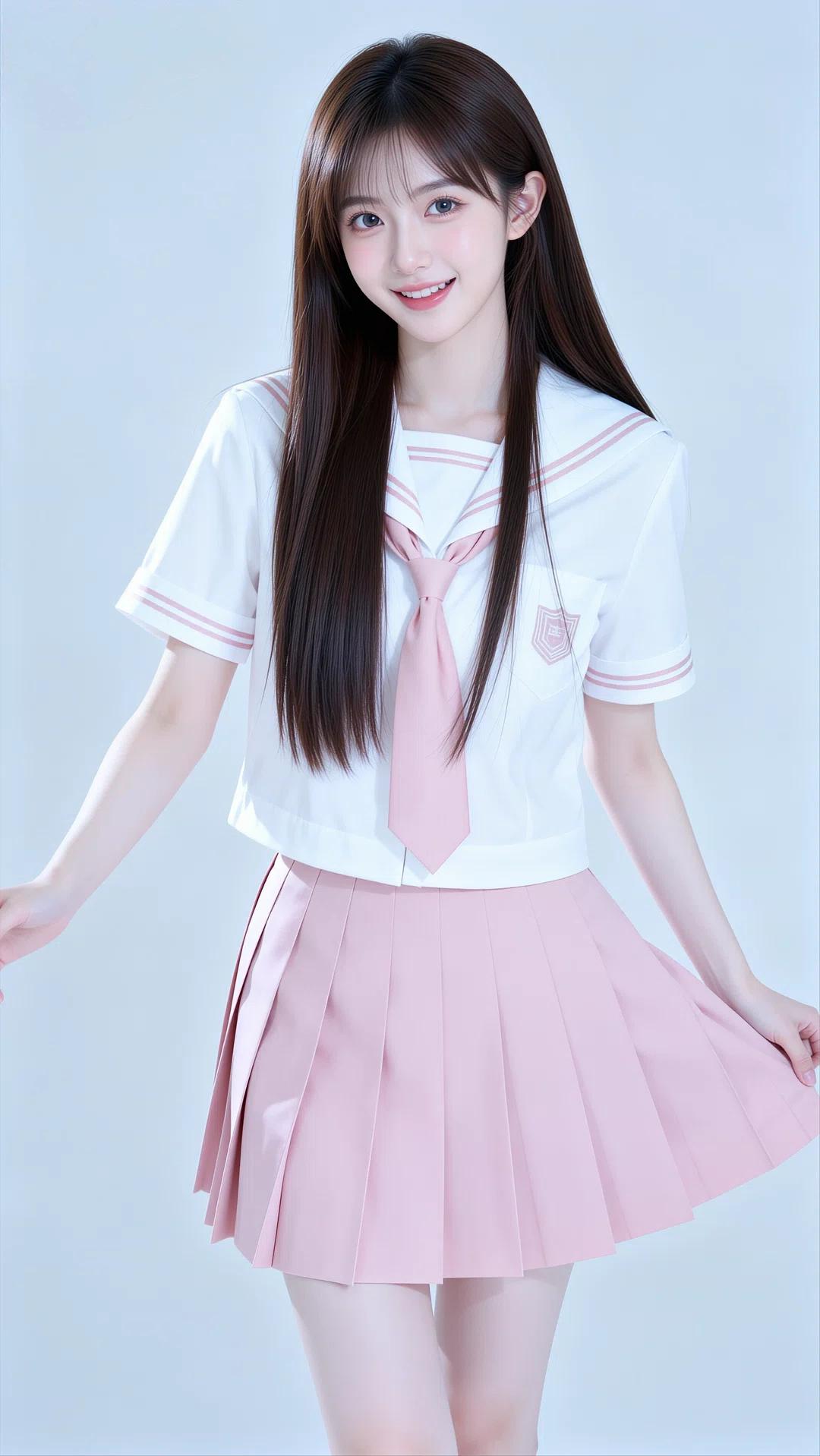 这组照片中的少女身着日系JK制服，完美诠释了清纯甜美、元气满满的校园女神形象。