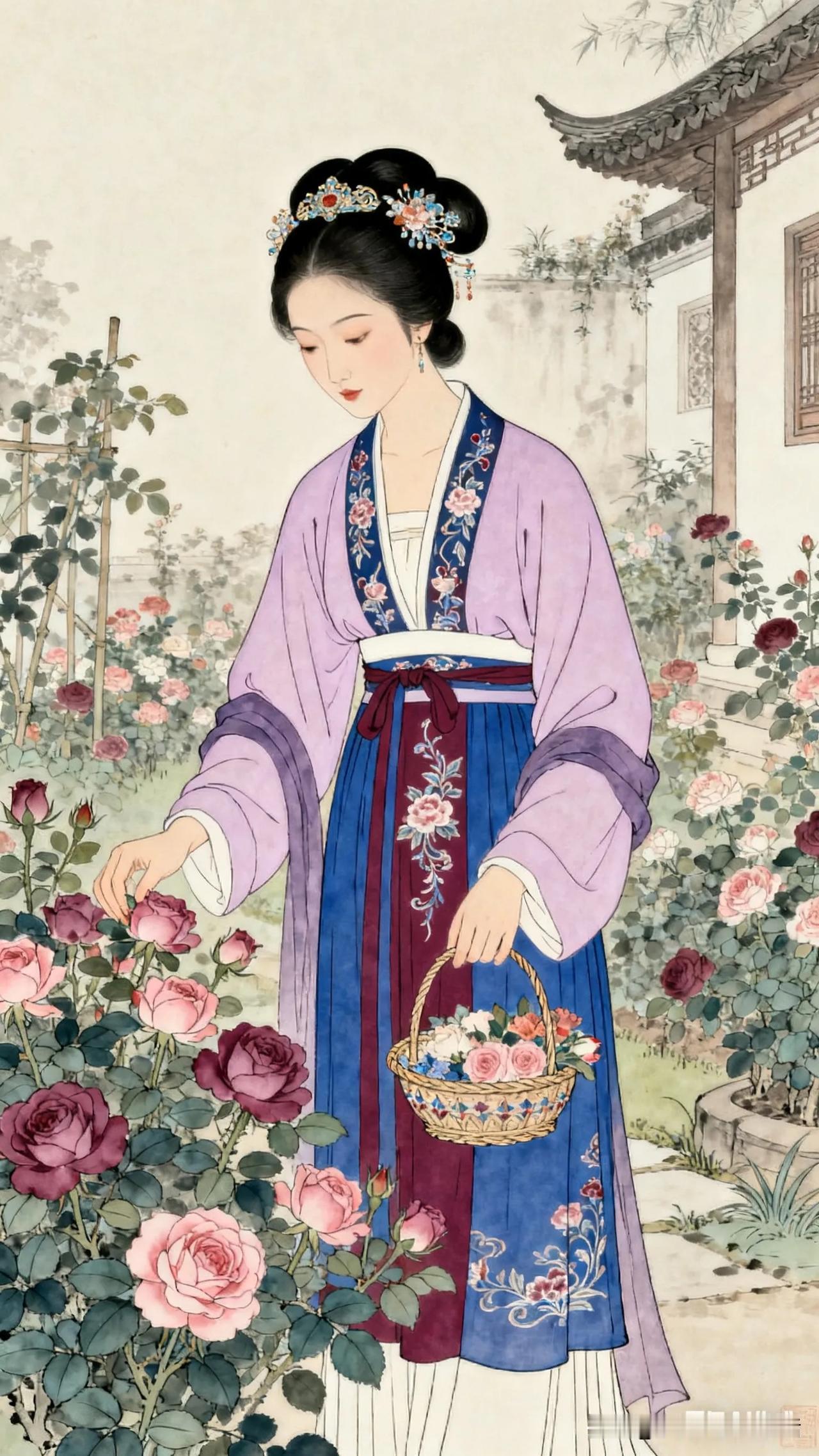 花间采芳菲，
笑语入画来。