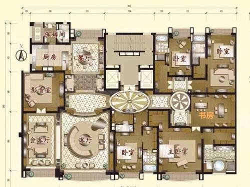 此宅格局方正，布局严谨，条理分明，尽显大家风范。
 
客餐厅分区明确，会客厅、客