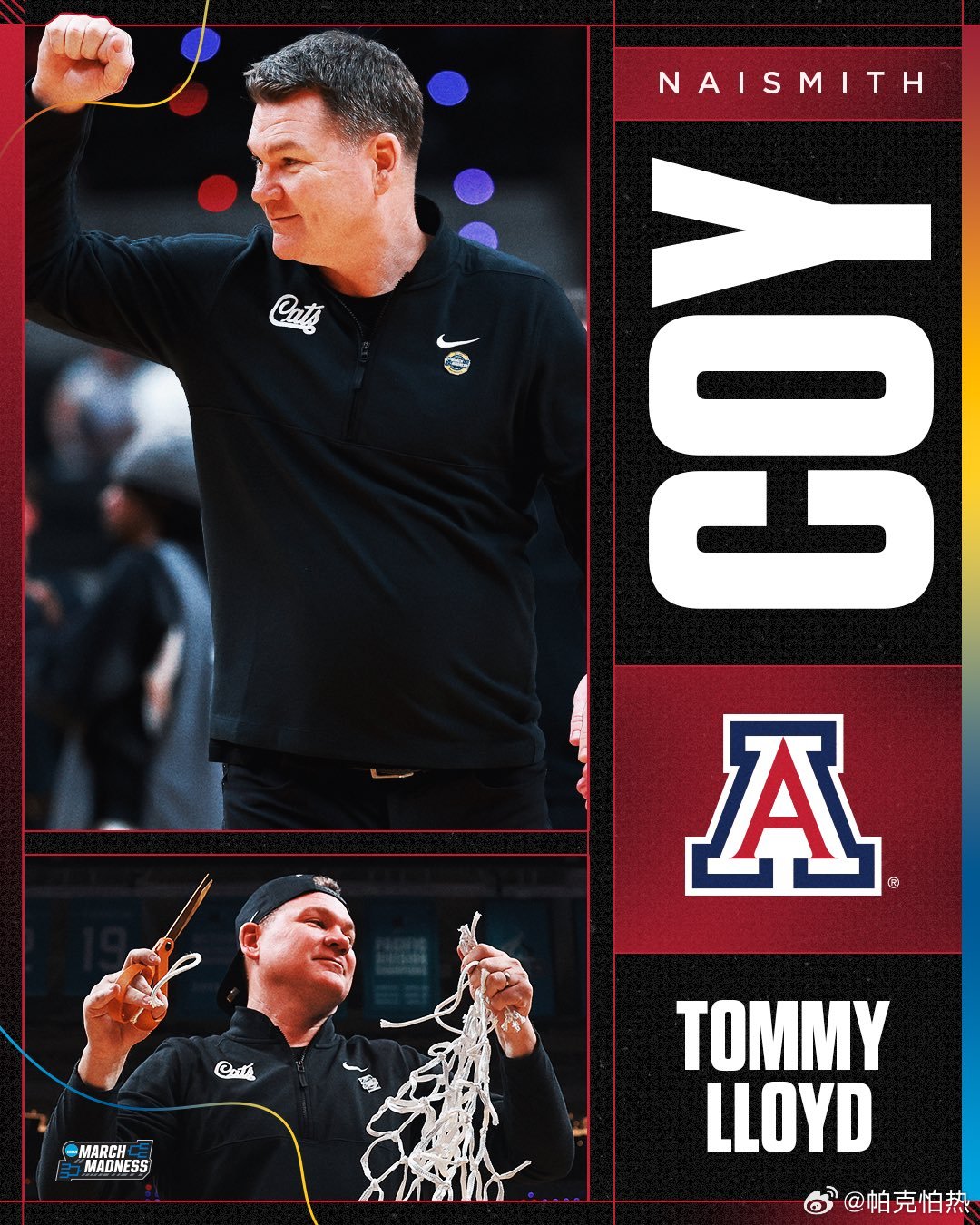 NCAA 奈史密斯年度奖项公布最佳教练：Tommy Lloyd最佳防守球员：Ru