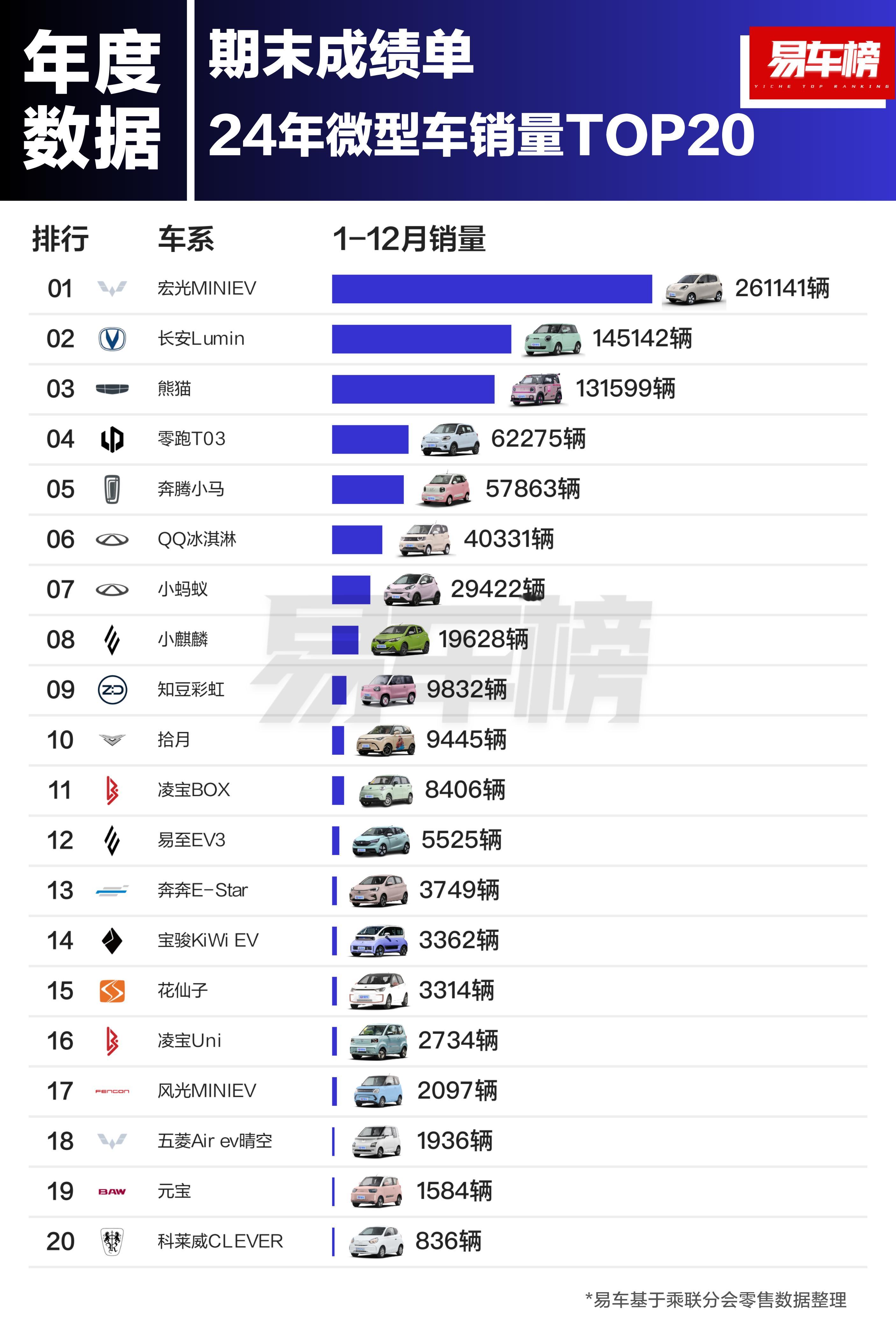 24年微型车和小型车销量Top20微型车基本上宏光mini一家通吃小型车也基本是