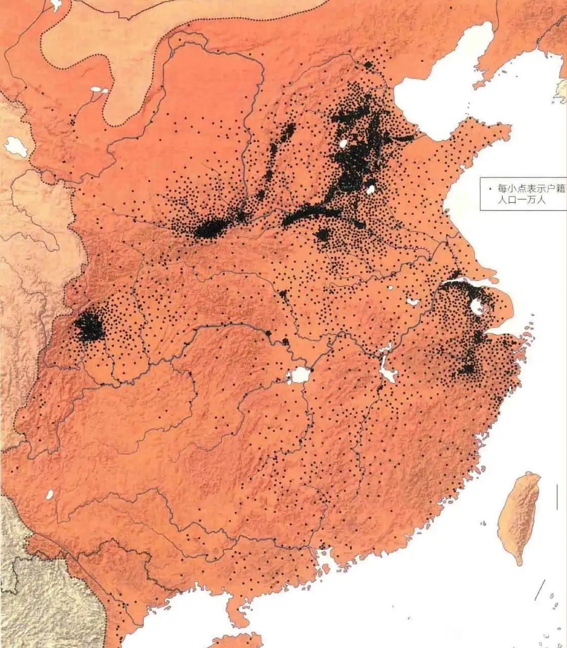 宋朝的成都，比广东繁华多了

这是一张宋时期，中国人口的分布图，当时人口最密集的
