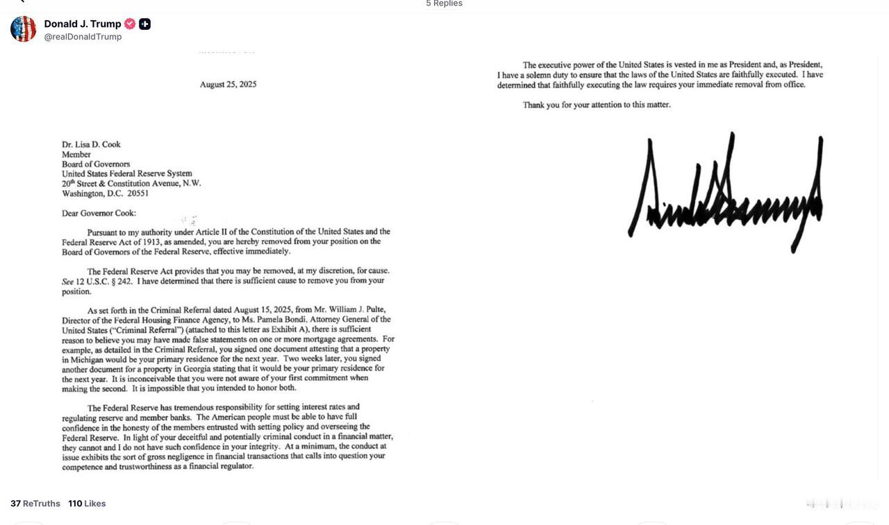 美国媒体报道突发新闻：
特朗普总统表示，他将解雇美联储理事丽莎·库克，这是美国总