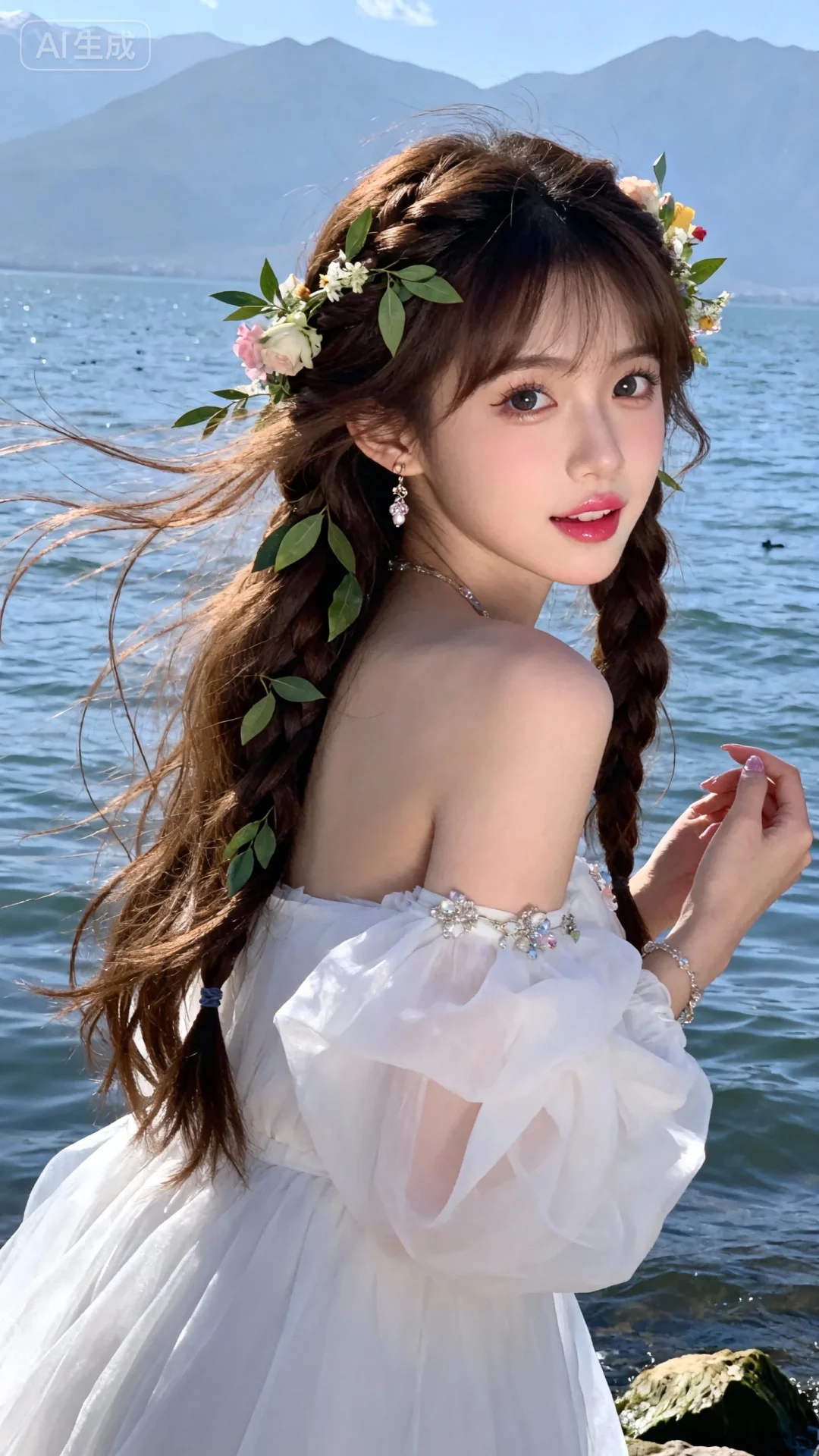 在洱海海边，背景是苍山，超清晰画质，妆造精致，饰品精巧，棕色长发上编织许多鲜花和
