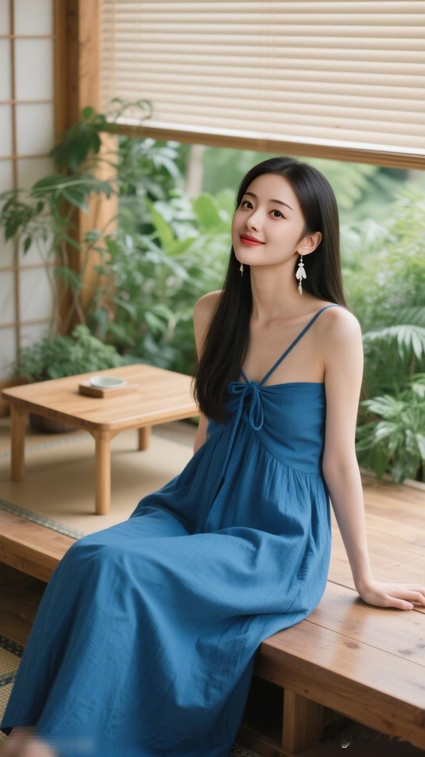 夏日清凉穿搭指南：蓝色连衣裙搭配自然绿植，轻松惬意。每日生活随手记