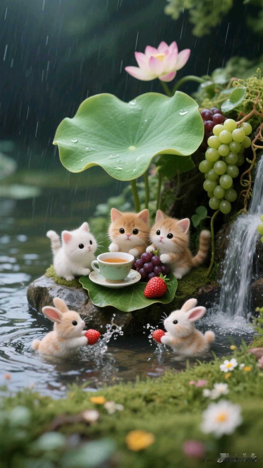 萌宠野餐，雨中嬉戏，小兔子和小猫咪的梦幻时光。