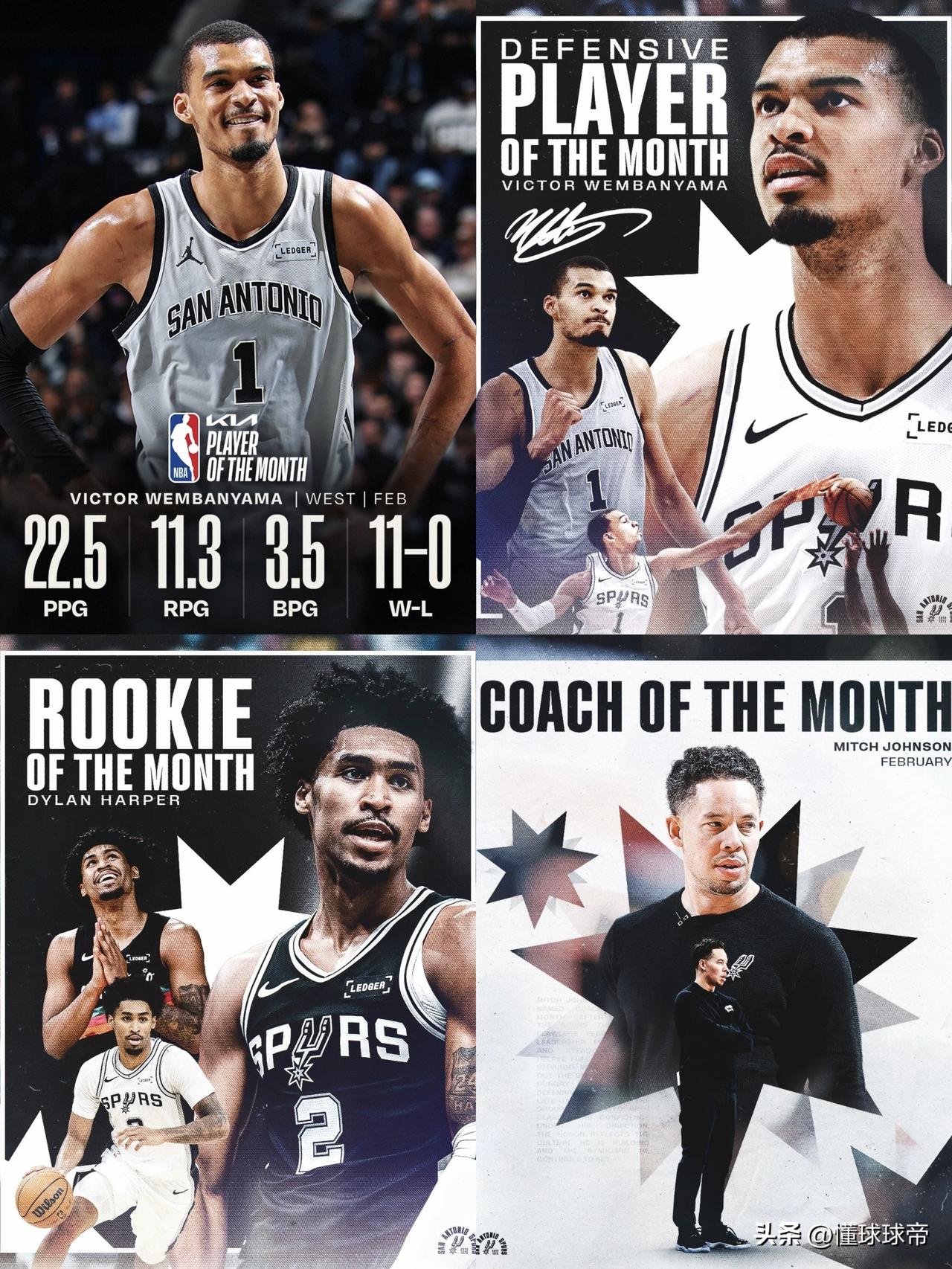 未来全是马刺的，马刺包揽NBA月度四大奖项历史首队!

今天早上NBA官方公布了