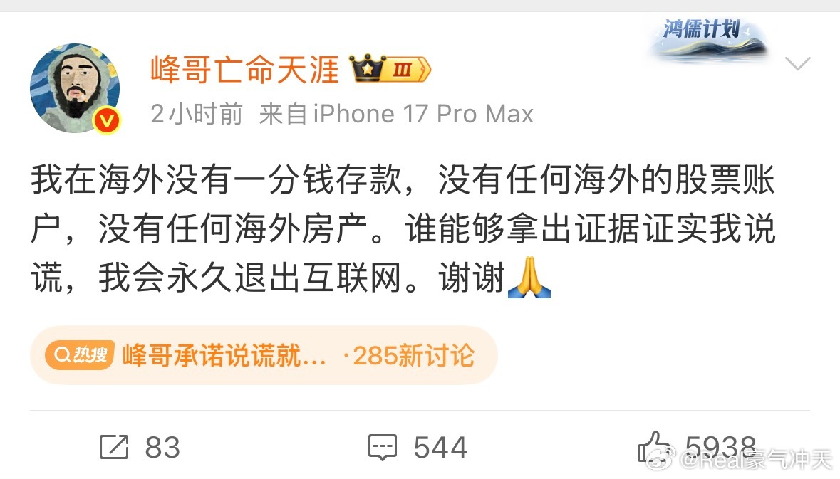 峰哥承诺说谎就永久退网峰哥说没有任何海外股票账户峰哥再发文承诺说谎就永久退网 